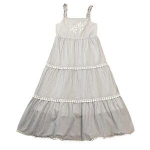 Haute Hippie Blue White Striped Embroidered Tiered‎ Maxi Dress 10 Boho Cottage